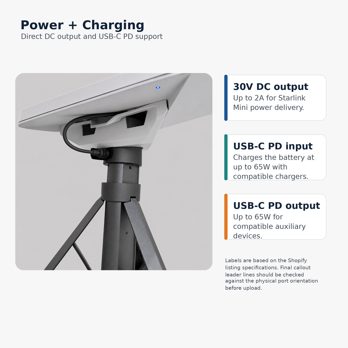 Power and charging callout graphic for ORVRA Starlink Mini tripod battery stand