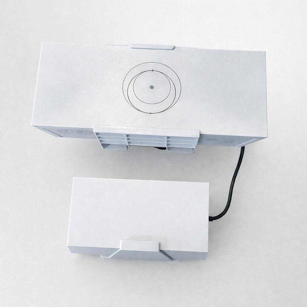 Gen 3 power supply and router wall mountable plastic holder on a grey background.