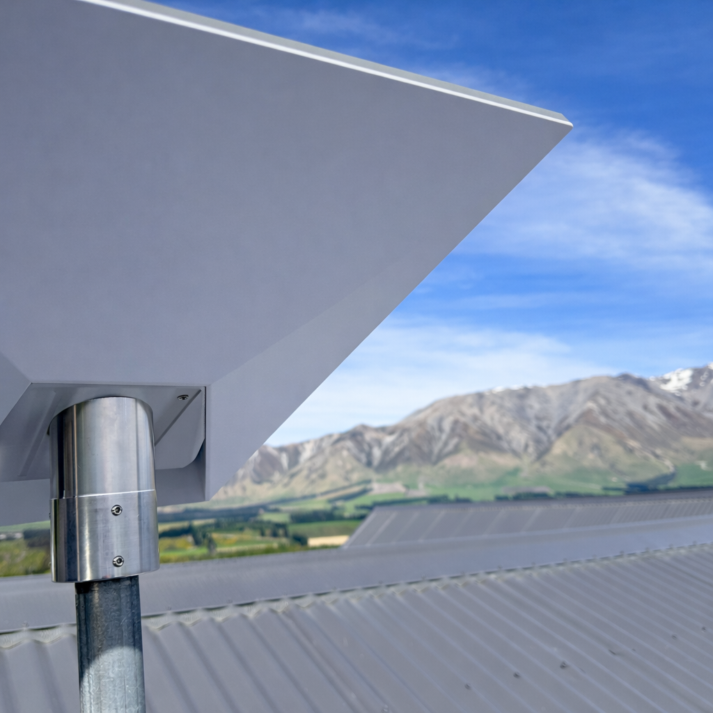 Starlink Gen 3 mounted on a heavy duty Spacetek Roof Mount with NZ mountains in the background.