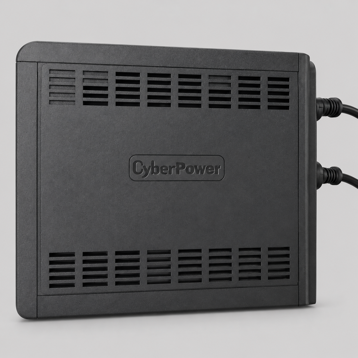 Side profile of a CyberPower UPS for Starlink , highlighting the ventilation grilles, embossed logo, and connected power cables against a light grey background.