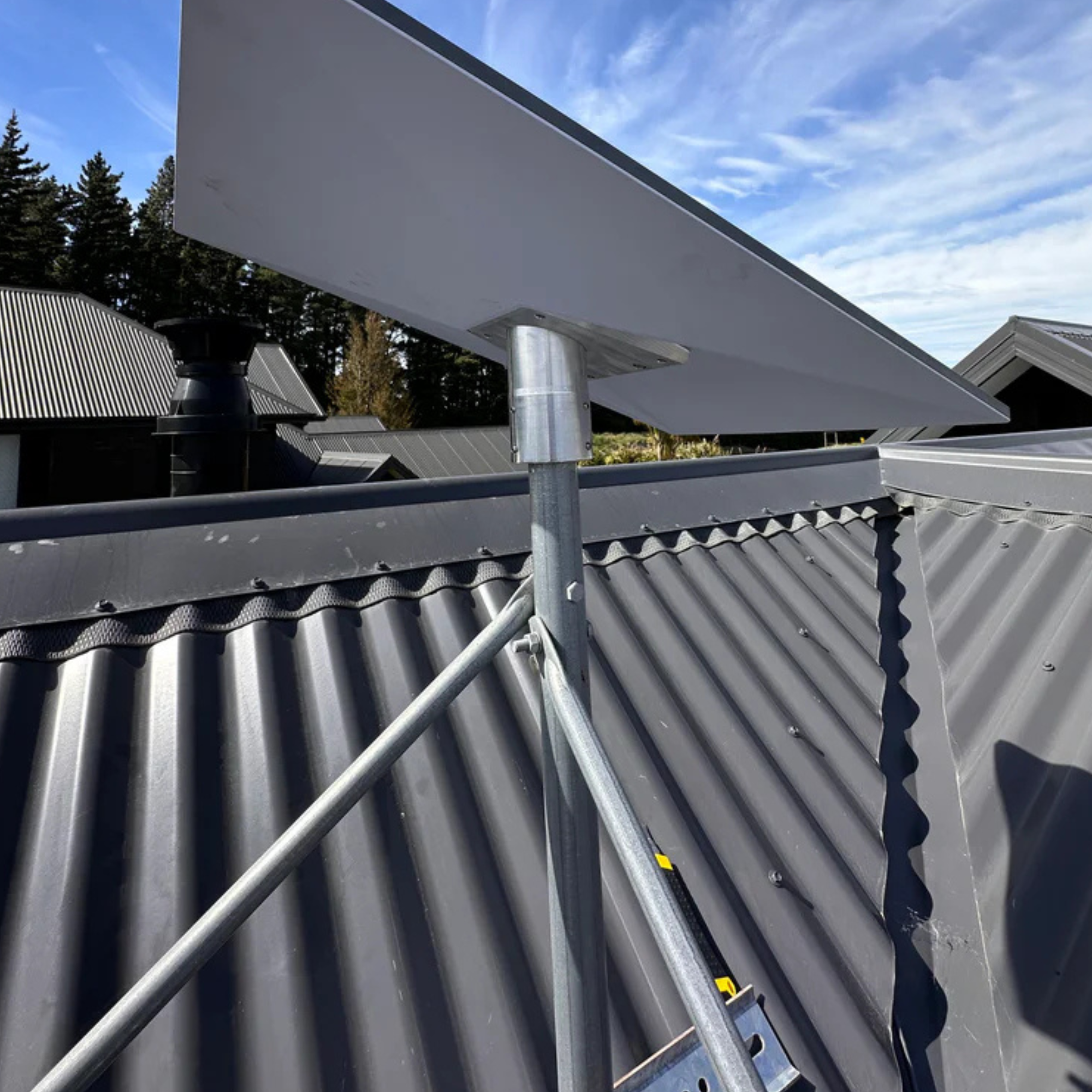 Spacetek Heavy Duty Tin Roof Mount on corrugated metal roof with Starlink Gen 3 Adaptor