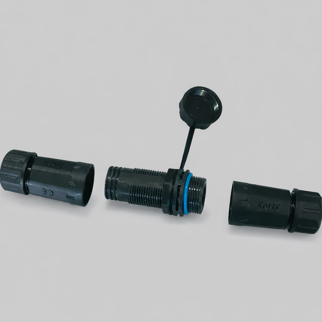 Starlink Mini DC waterproof joiner showing internal thread, sealing ring, and cable gland parts