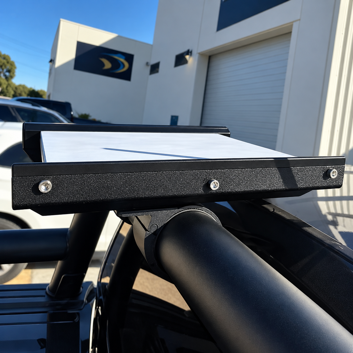 Starlink Mini Motion Mount in Black mounted on a sports bar with tube mounts