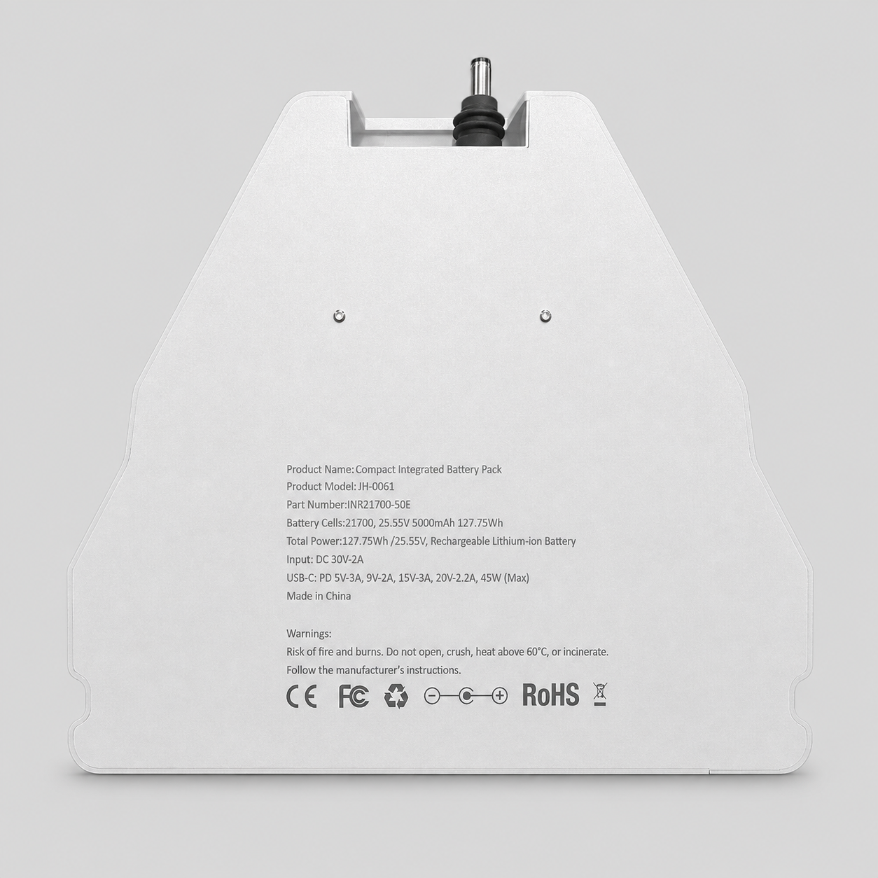 Starlink Mini Removable battery for portable lithium power. 127wh capacity. Pictured on a grey background with DC connector