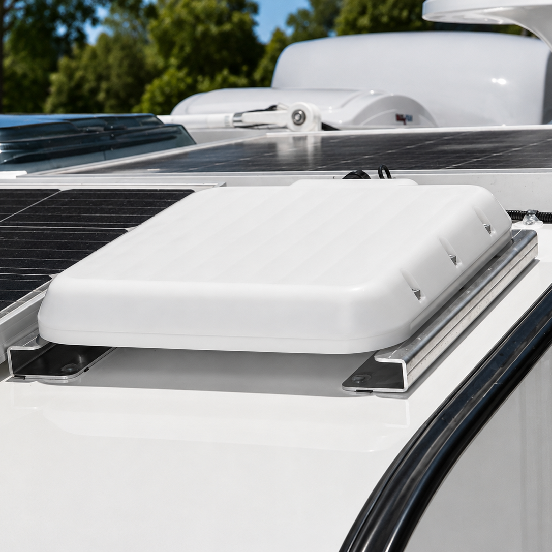 Starlink Mini V-Cell IP68 Rugged Housing for Starlink mounted on a caravan in white with Aluminium Rails