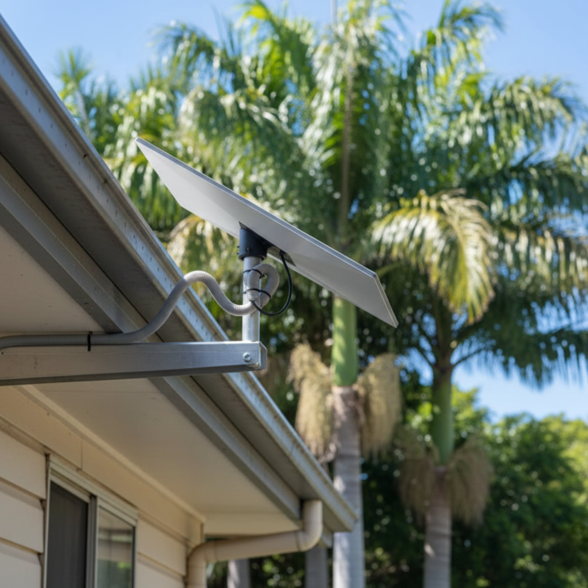 Starlink Gen 3 attached to a house exterior with palm trees in the background