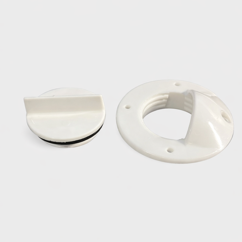 Complete white cable access bung kit including cap and base for Starlink and outdoor cable management
