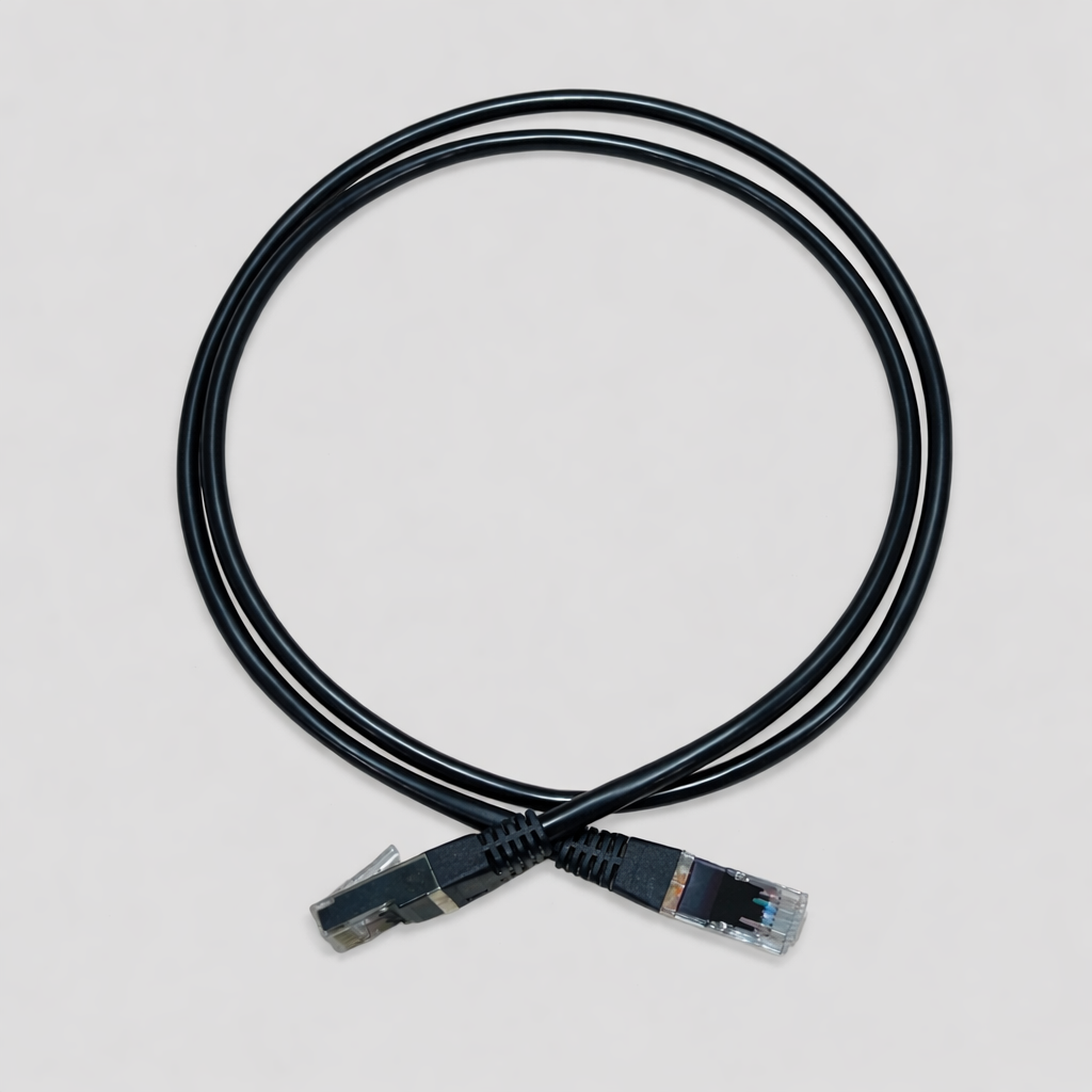 Close-up of CAT5e shielded Ethernet cable RJ45 connectors with metal shielding used for Starlink patch cable connections