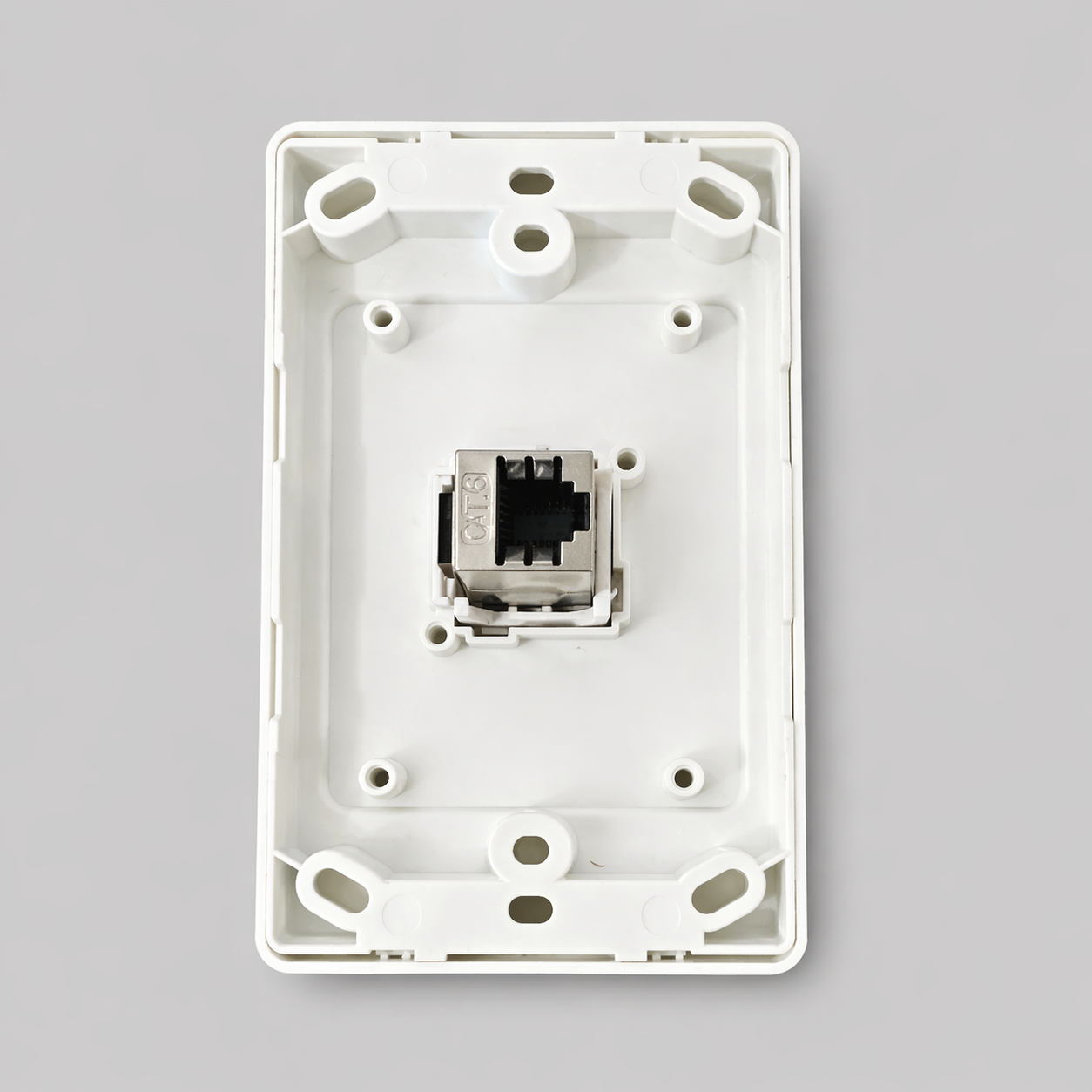 Rear view of CAT6 RJ45 wall plate with installed keystone jack module showing mounting points