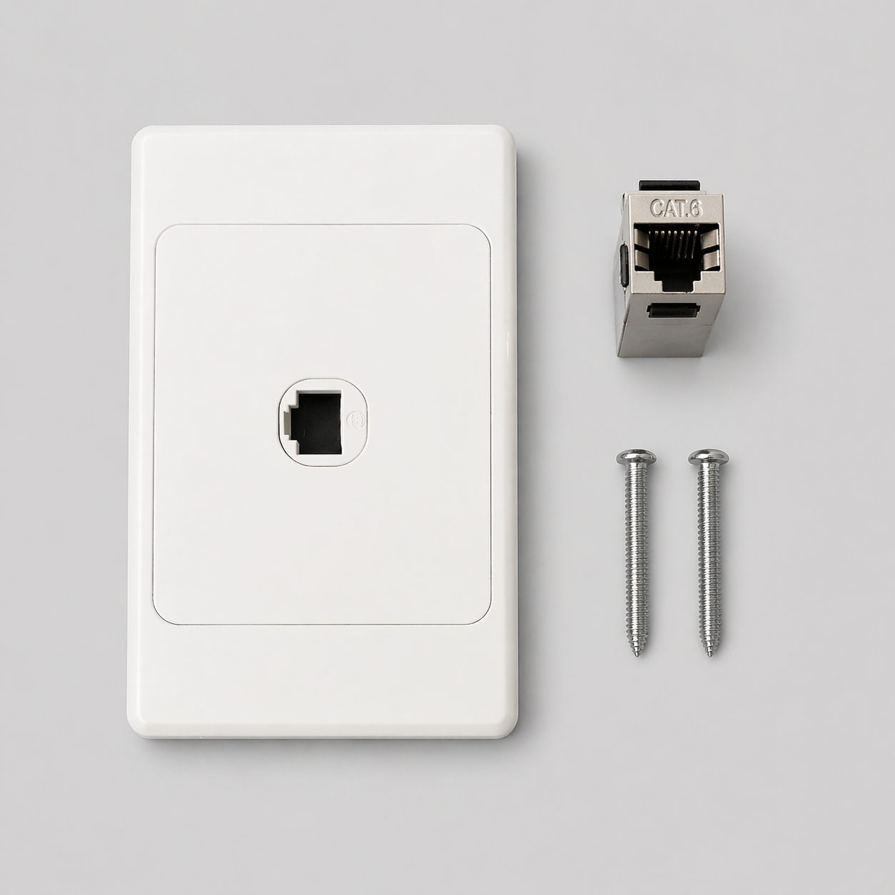 CAT6 RJ45 wall plate kit with back mounting plate, keystone jack module, and screws on neutral background