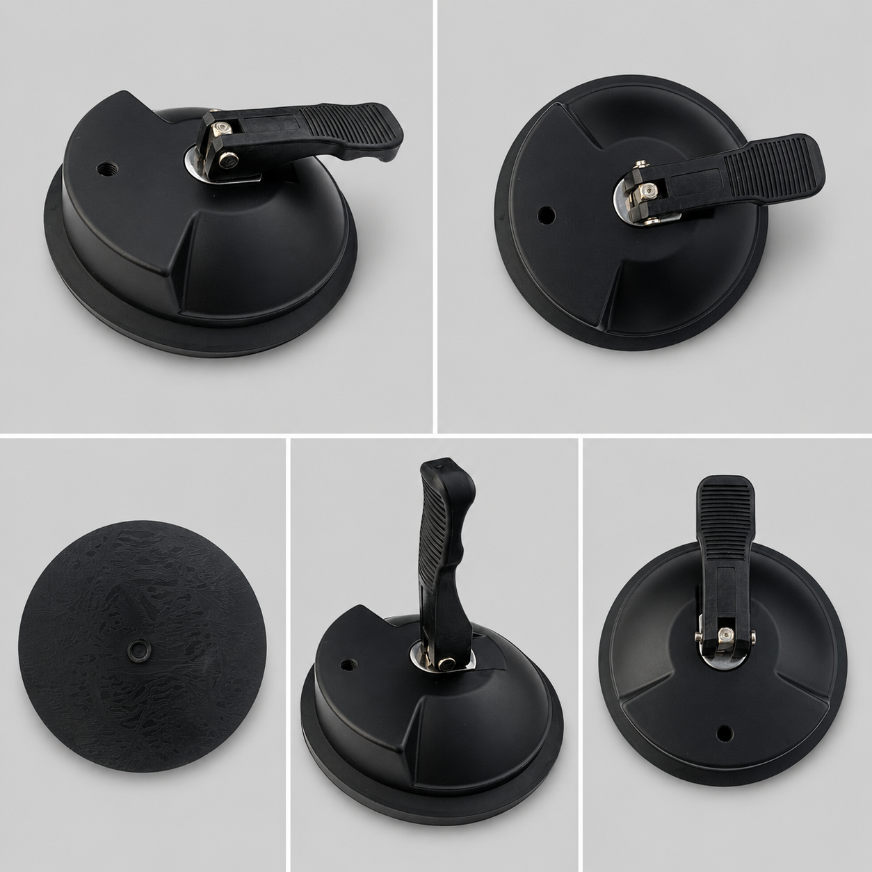 Gallery showing multiple views of a heavy-duty 5-inch suction cup with M8 female thread, including angled, top, locking lever upright, front, and underside views