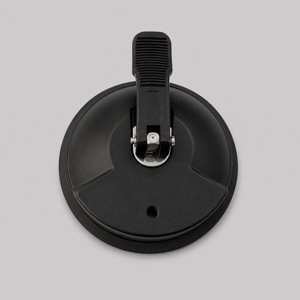 Rear top view of a heavy-duty 5-inch suction cup with M8 female thread and locking lever mechanism