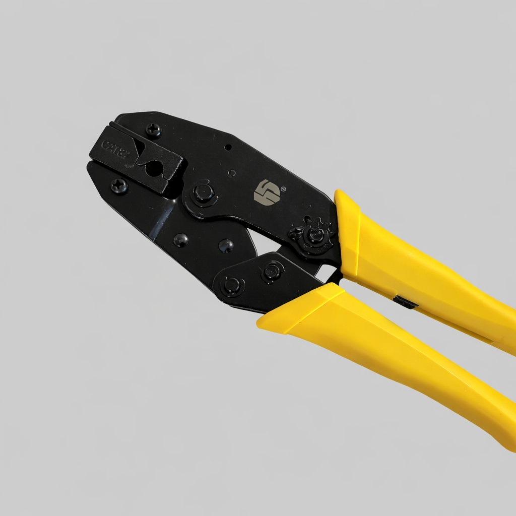 Heavy duty RJ45 crimping tool with yellow handles for Ethernet and network cable connectors on light grey background