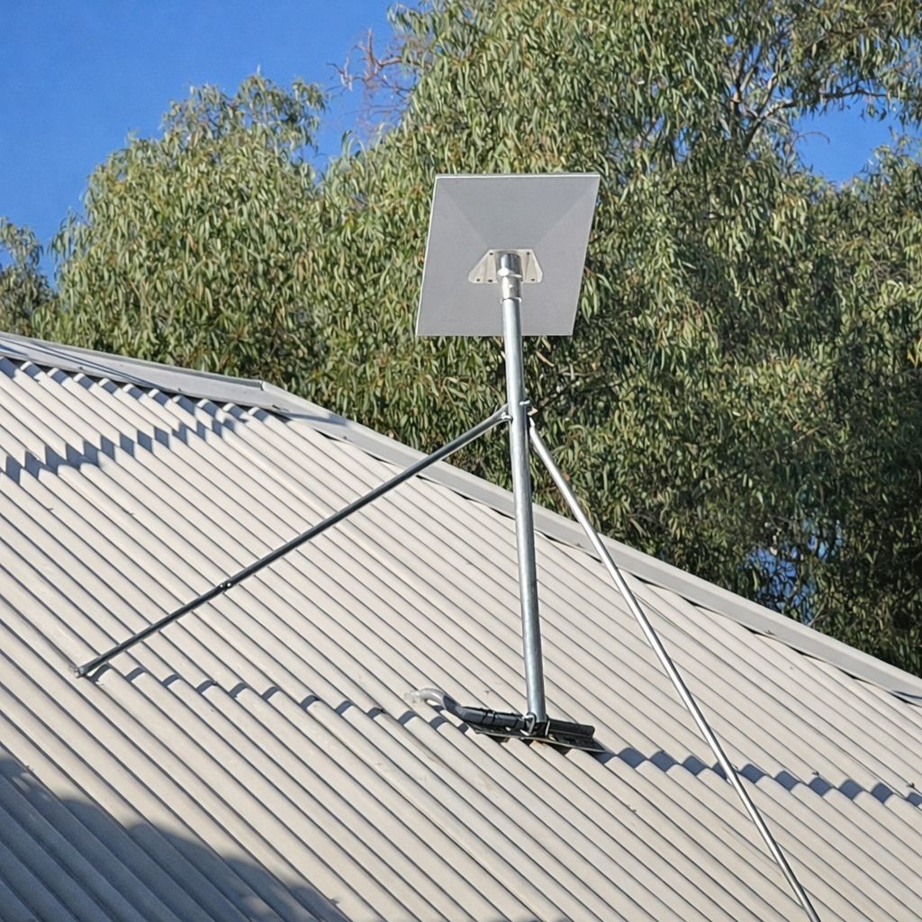 Heavy duty Starlink Gen 3 tin roof mounting kit installed on a corrugated metal roof, shown in an outdoor setting with trees and blue sky