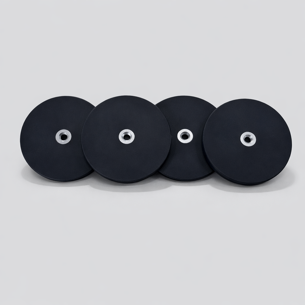 M8 thread rare earth magnets for Starlink mounts shown in side row view with black rubber-coated finish and central threaded insert.