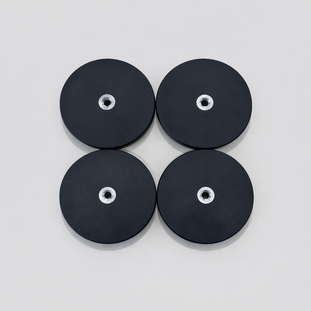 Top view of M8 thread rare earth magnets for Starlink mounts with visible central threaded insert and black coated surface