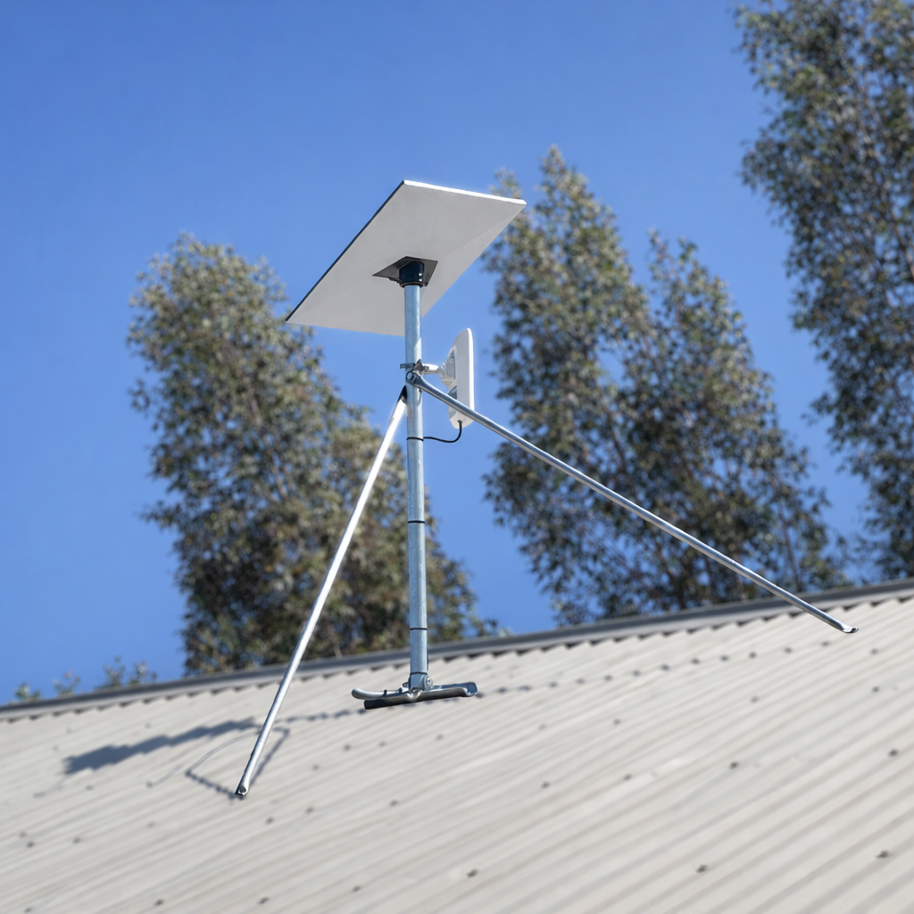 Spacetek Starlink Gen 3 roof mount kit installed on tin roof with satellite dish and tripod system under clear sky