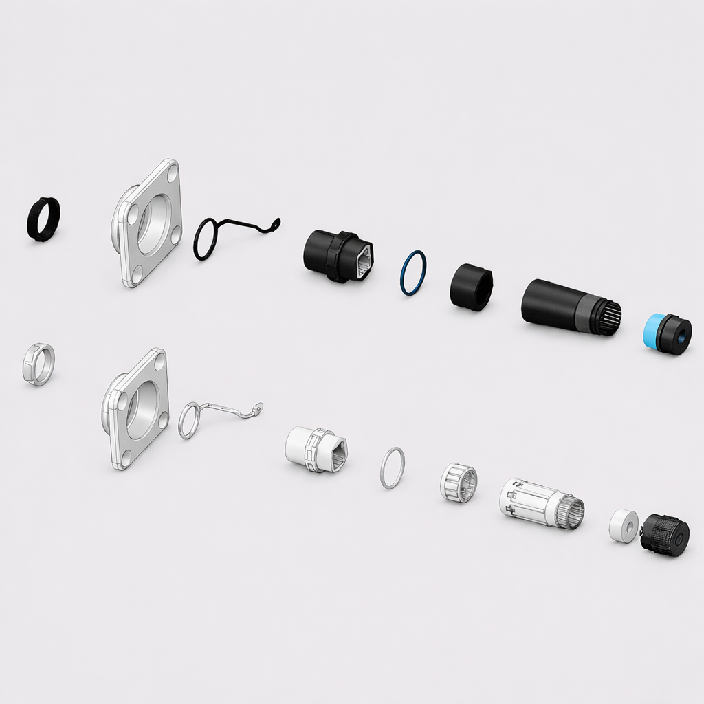 Exploded schematic diagram of a startlink recessed data socket showing all internal components and end caps in correct assembly order