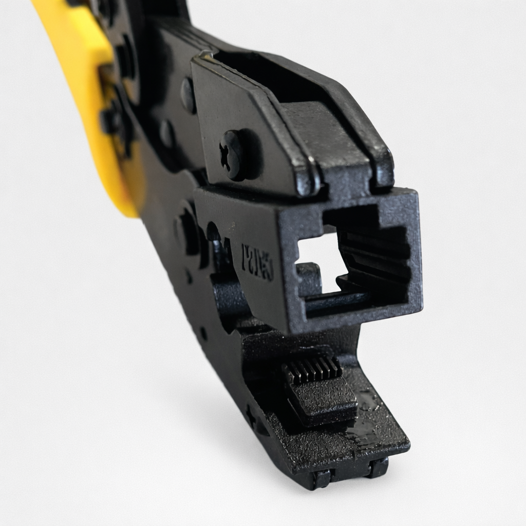 Close up of heavy duty RJ45 crimping tool head showing precision crimping slot for Ethernet network connectors