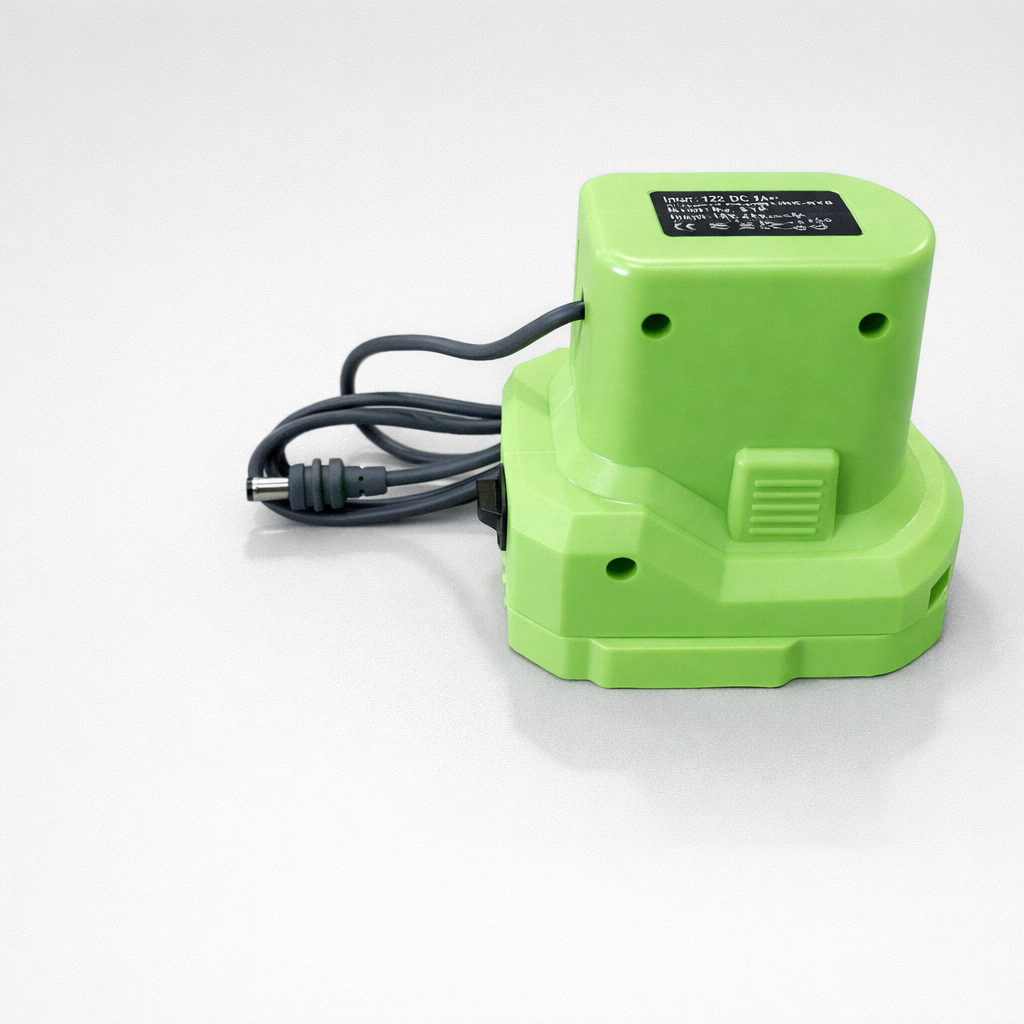 Back view of Ryobi battery adaptor for Starlink Mini displaying ventilation ports and cable connection