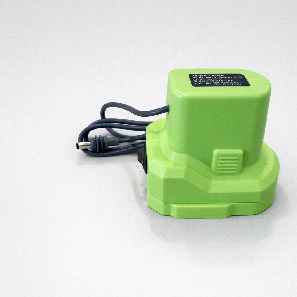 Rear angled view of Ryobi battery adaptor for Starlink Mini showing DC cable and housing design