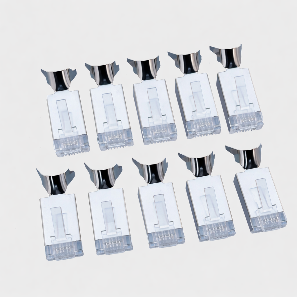 Pack of 10 shielded RJ45 Ethernet plugs with metal shielding for Cat6 network cable termination
