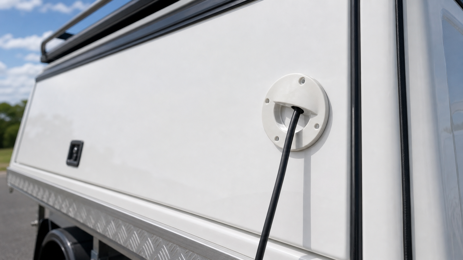 Spacetek weather-resistant cable access bung installed on a vehicle canopy with Starlink cable routed through the entry point
