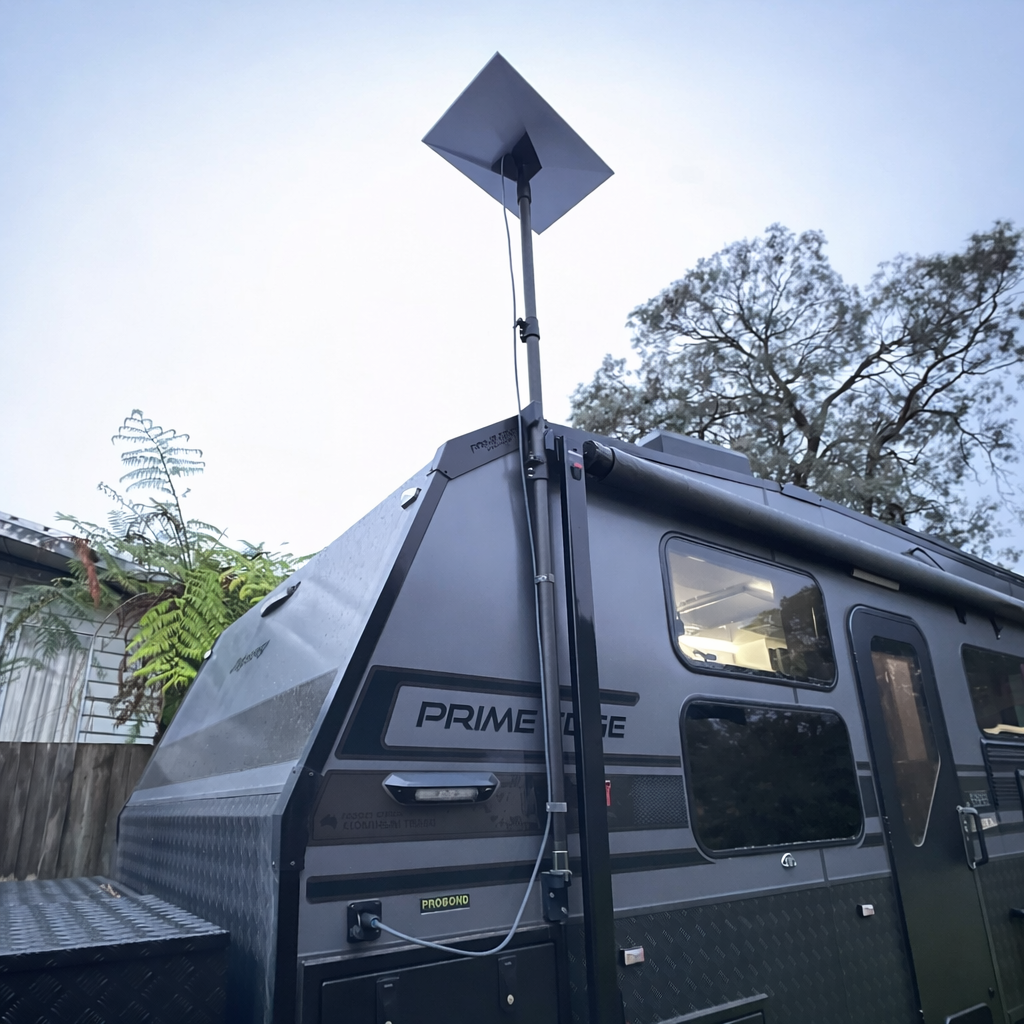 Spacetek carbon fibre pole mount for Starlink Gen 3 installed on off-road caravan exterior with elevated satellite dish