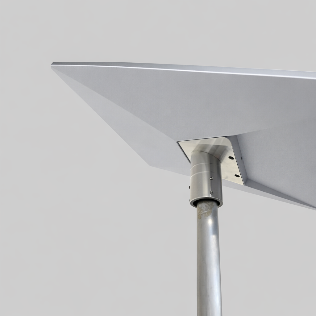 Studio view of Spacetek heavy duty Gen 3 pole adapter mounted to Starlink dish, shown on neutral background