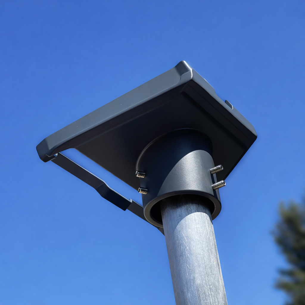 Close-up of Spacetek Gen 3 pole adapter securely clamped to mounting pole for Starlink dish installation