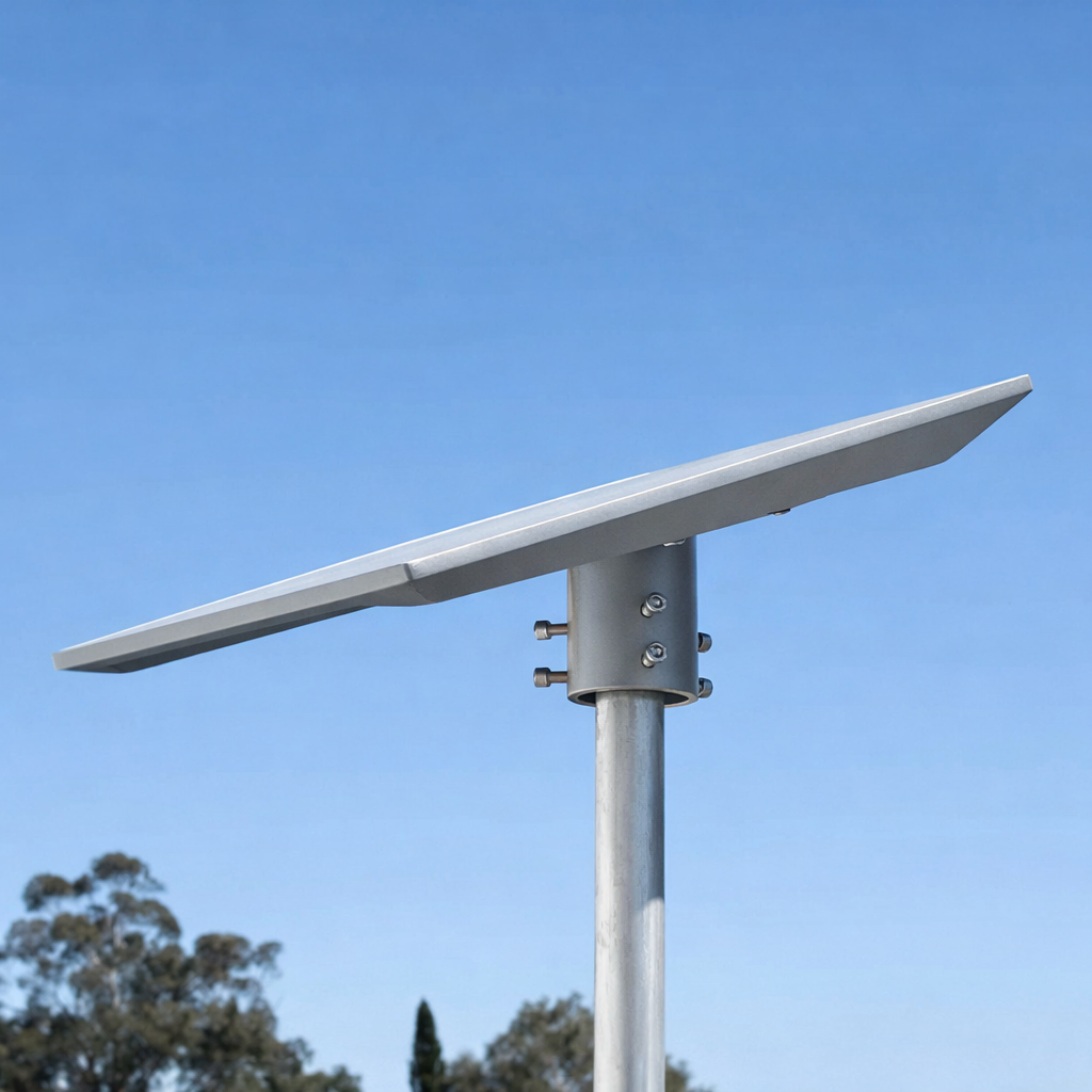 Installed side view of Spacetek Pole Mount Adapter for Starlink Gen 3 – outdoor setup on aluminium pole.