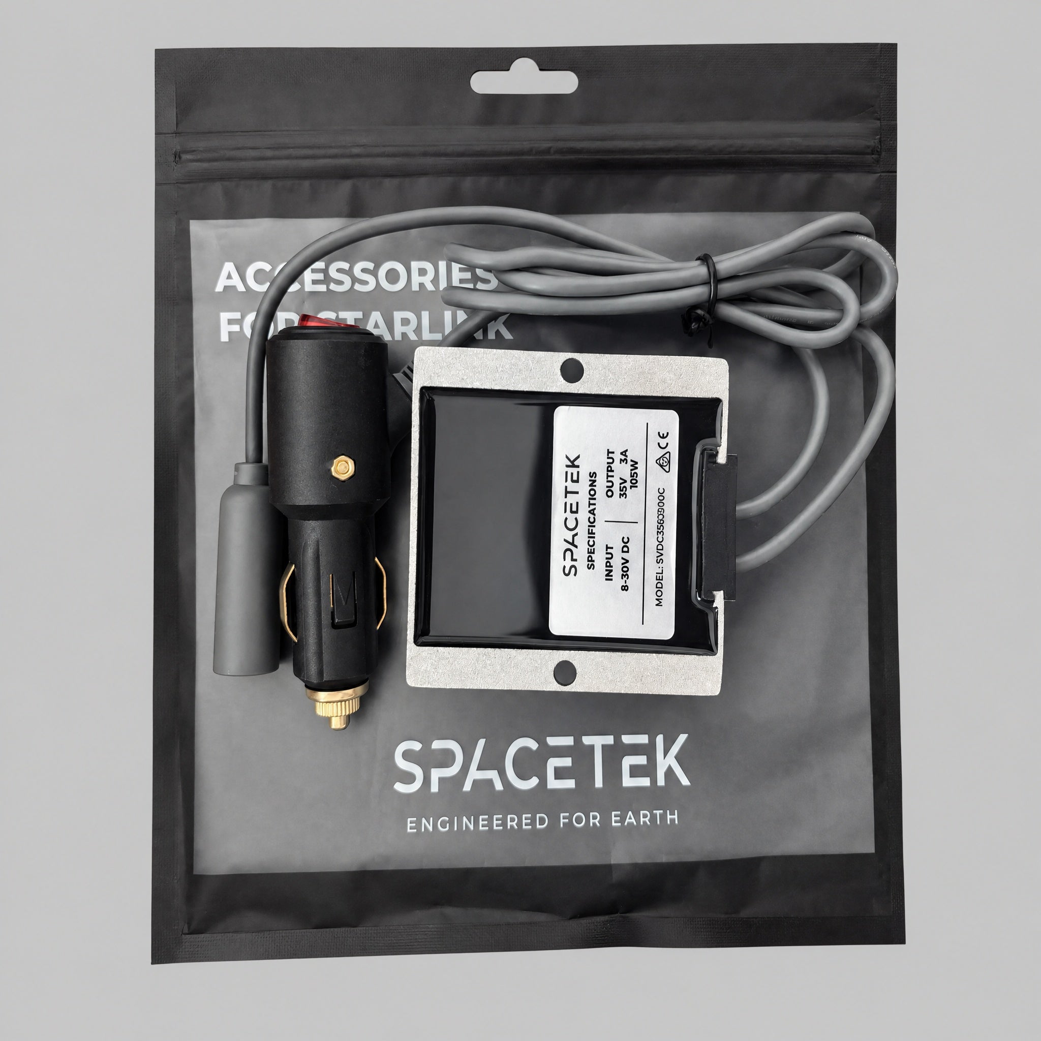 Spacetek Regulator Booster DC-DC for Starlink showing 12V car adapter cable and power module