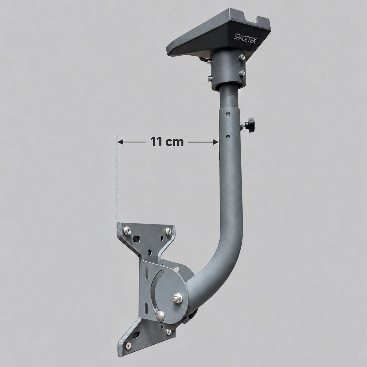 Spacetek adjustable Starlink wall mount showing approximately 11 cm clearance between the mounting surface and pole.
