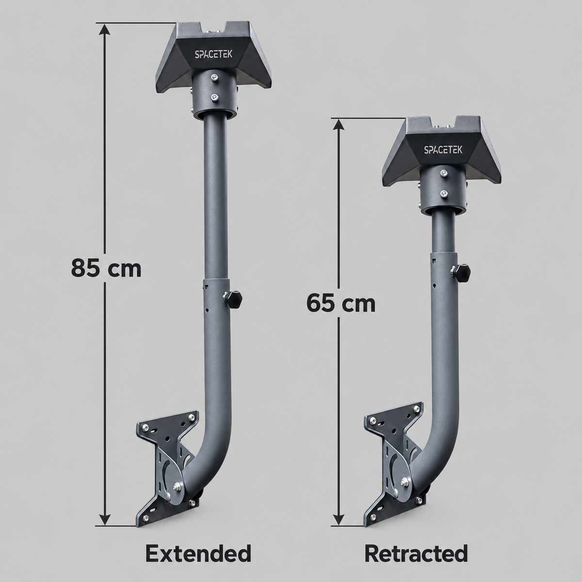 Spacetek adjustable Starlink wall mount shown side by side, measuring 85 cm extended and 65 cm retracted from adaptor top to bracket bottom.