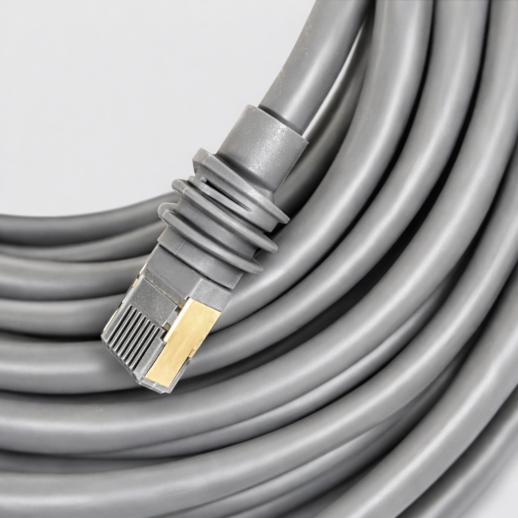 Close-up of Spacetek CAT6a Ethernet RJ45 connector on Starlink Gen 3 replacement cable in grey finish