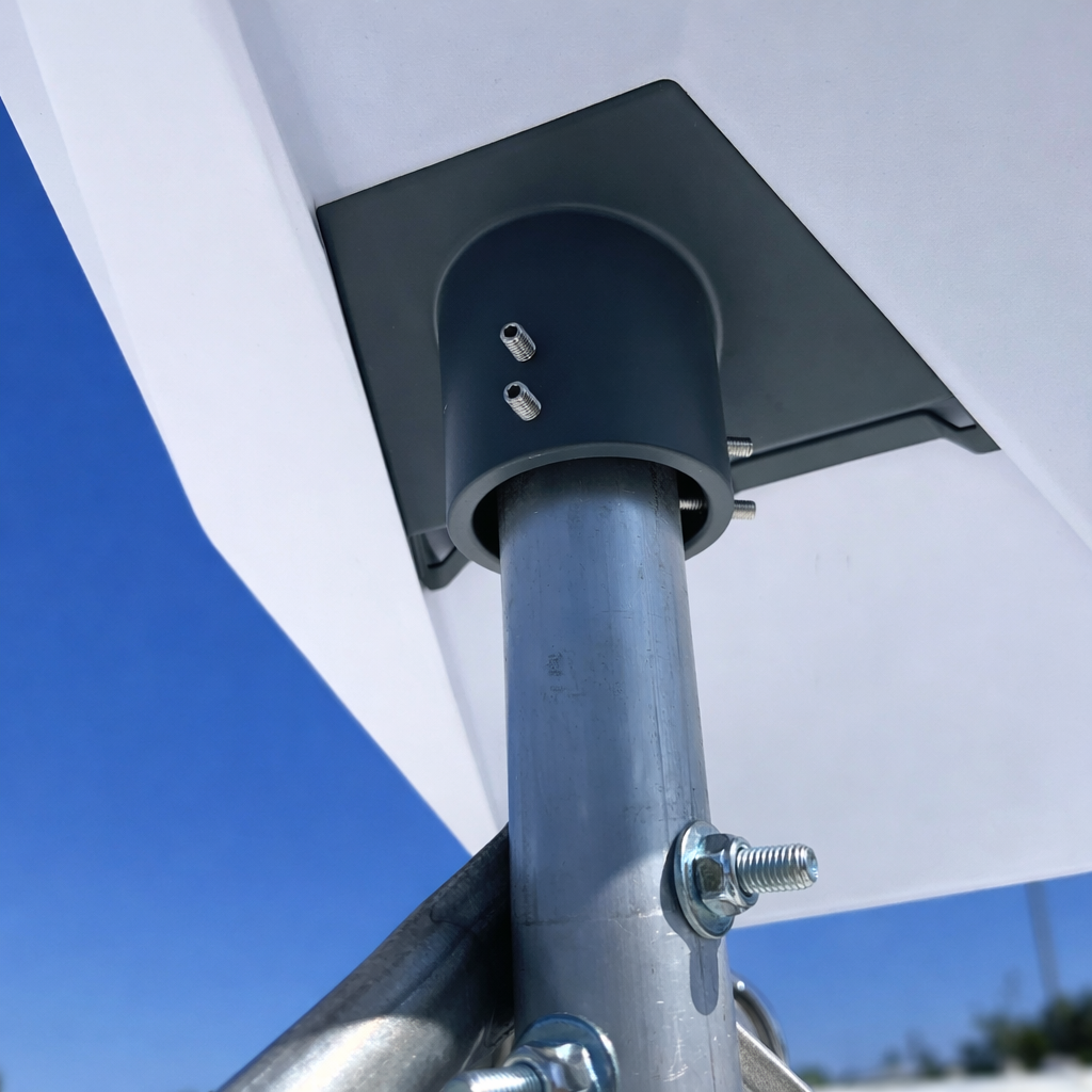 Detailed view of Spacetek Starlink Gen 3 mount hardware showing pole clamp and bracket connection from below