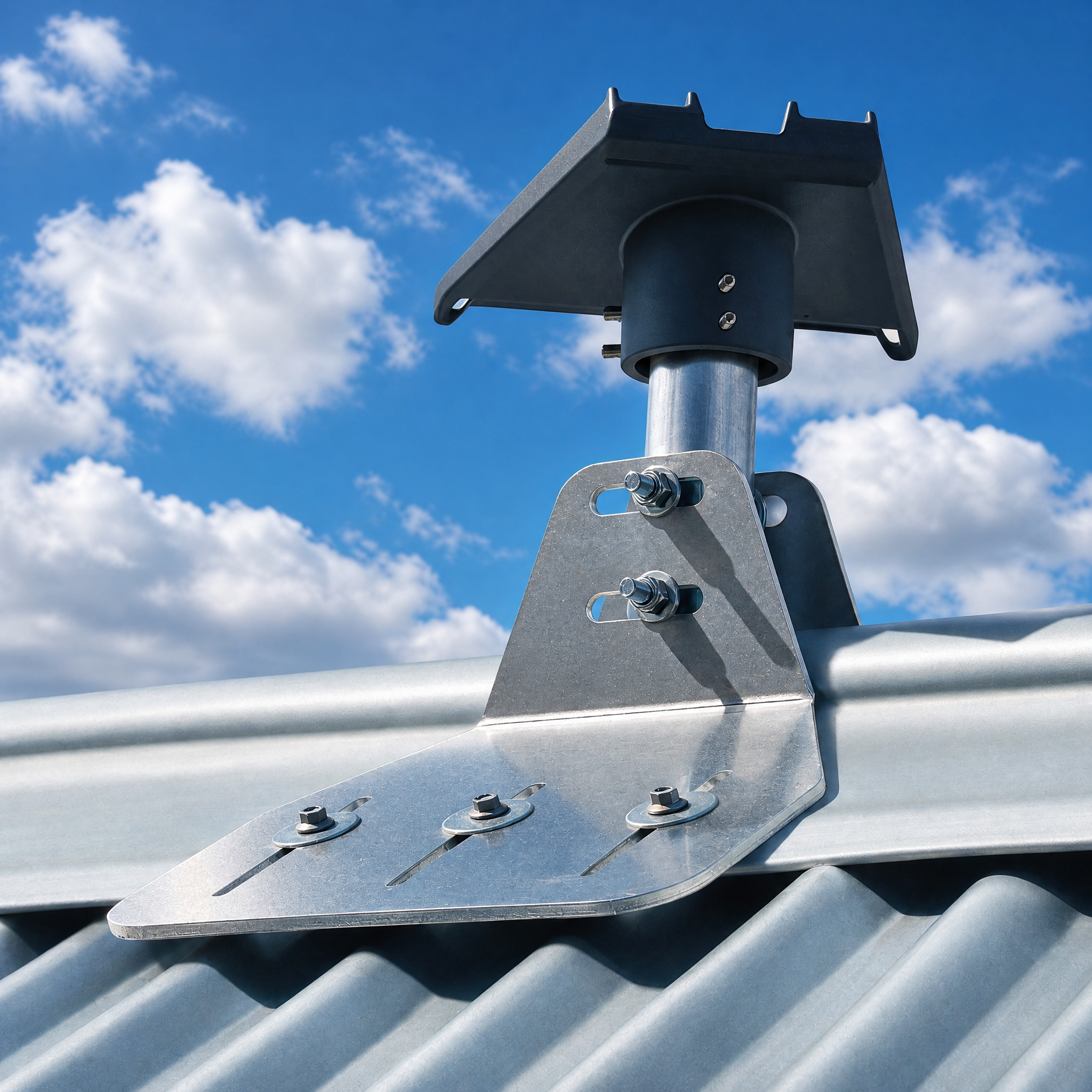 Close-up of Spacetek ridge mount bracket for Starlink Gen 3, showing stainless steel bolts and precision-machined aluminium plate mounted on a corrugated metal roof under a clear blue sky
