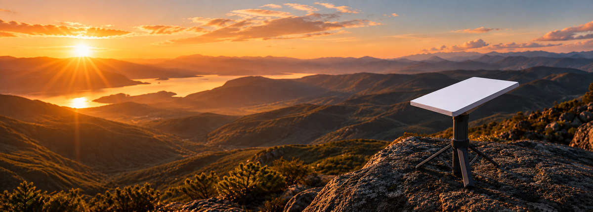 Starlink Mini on a Spacetek tripod with portable battery power, set on a rocky mountain lookout at sunset.