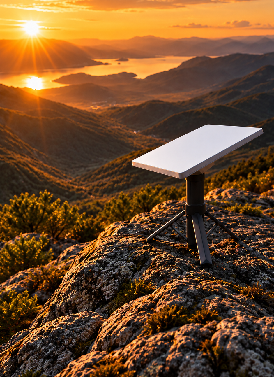 Starlink Mini mounted on a Spacetek portable tripod with battery power, overlooking a mountain landscape at sunset.