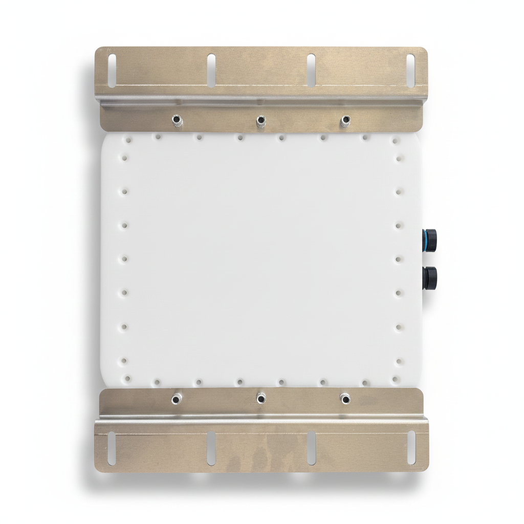 Underside view of Spacetek V-Cell housing for Starlink Mini showing aluminium mounting rail and internal waterproof fastener pattern