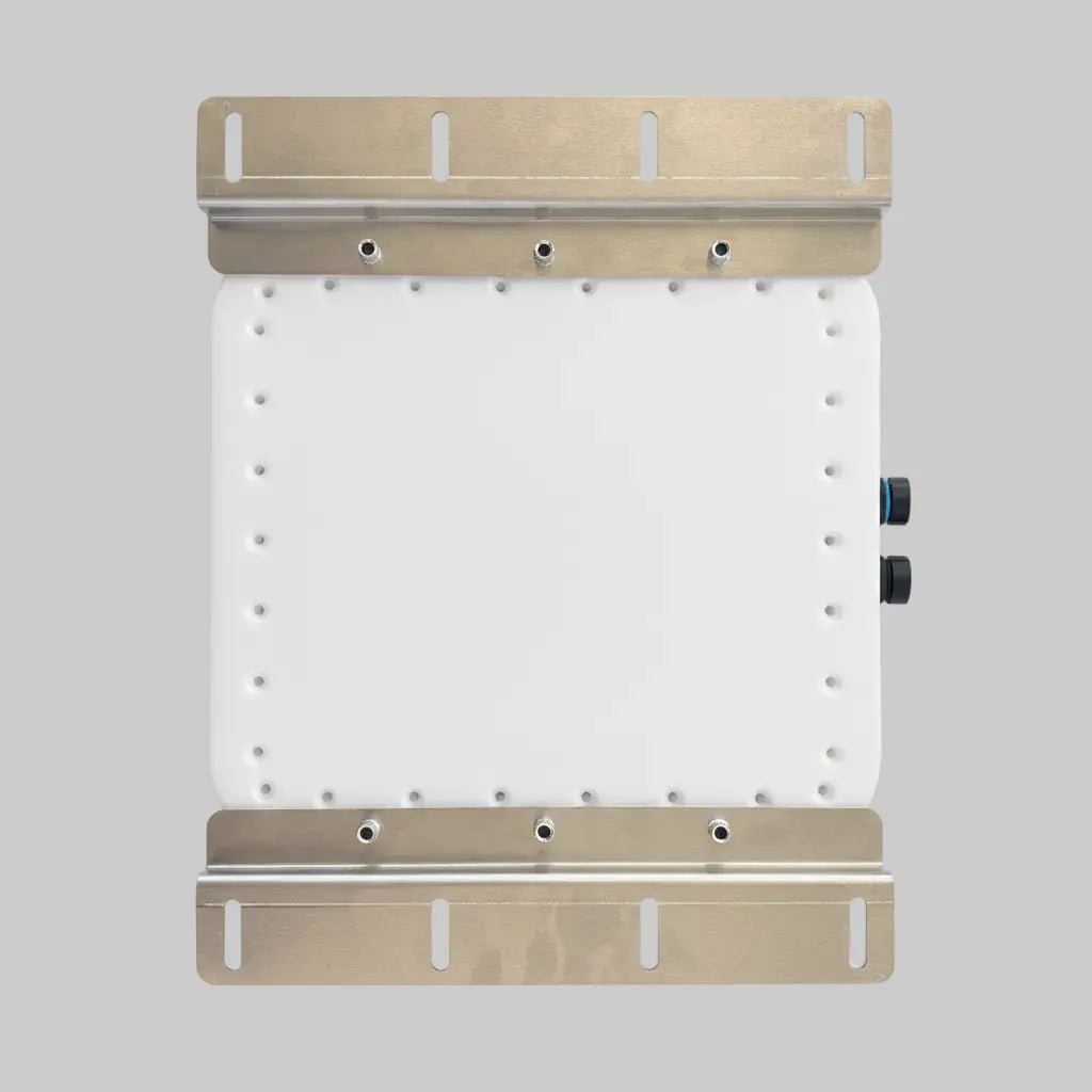 Underside view of Spacetek V-Cell housing for Starlink Mini showing aluminium mounting rail and internal waterproof fastener pattern