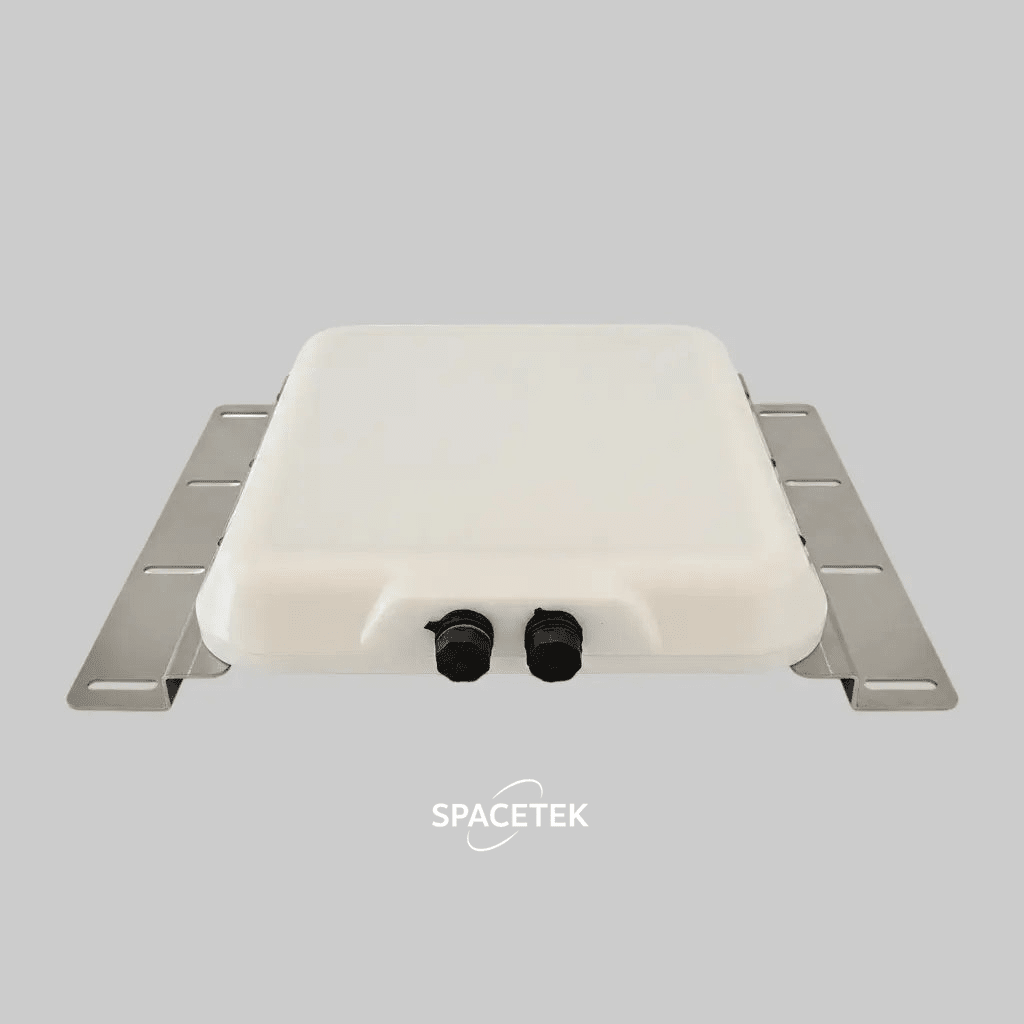 Front view of Spacetek V-Cell housing for Starlink Mini with dual waterproof cable glands and aluminium mounting bracket on a white background