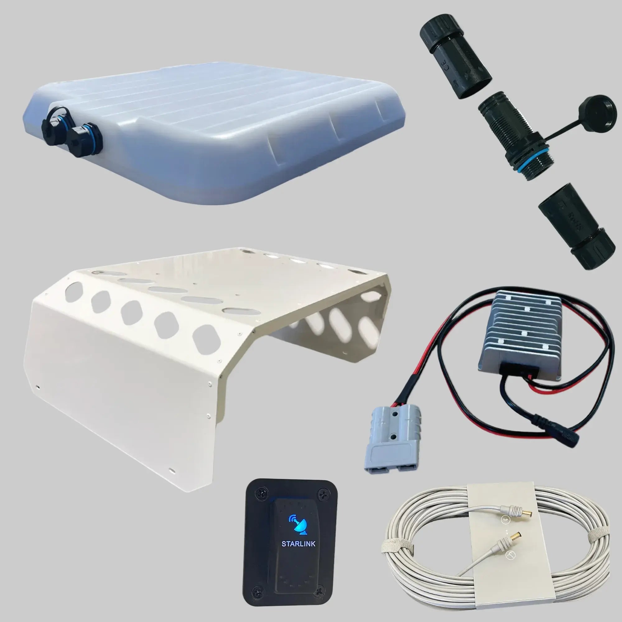 Complete Spacetek V-Cell installation bundle for Starlink Mini, including enclosure, mounting bracket, power booster, waterproof connectors, and DC cable