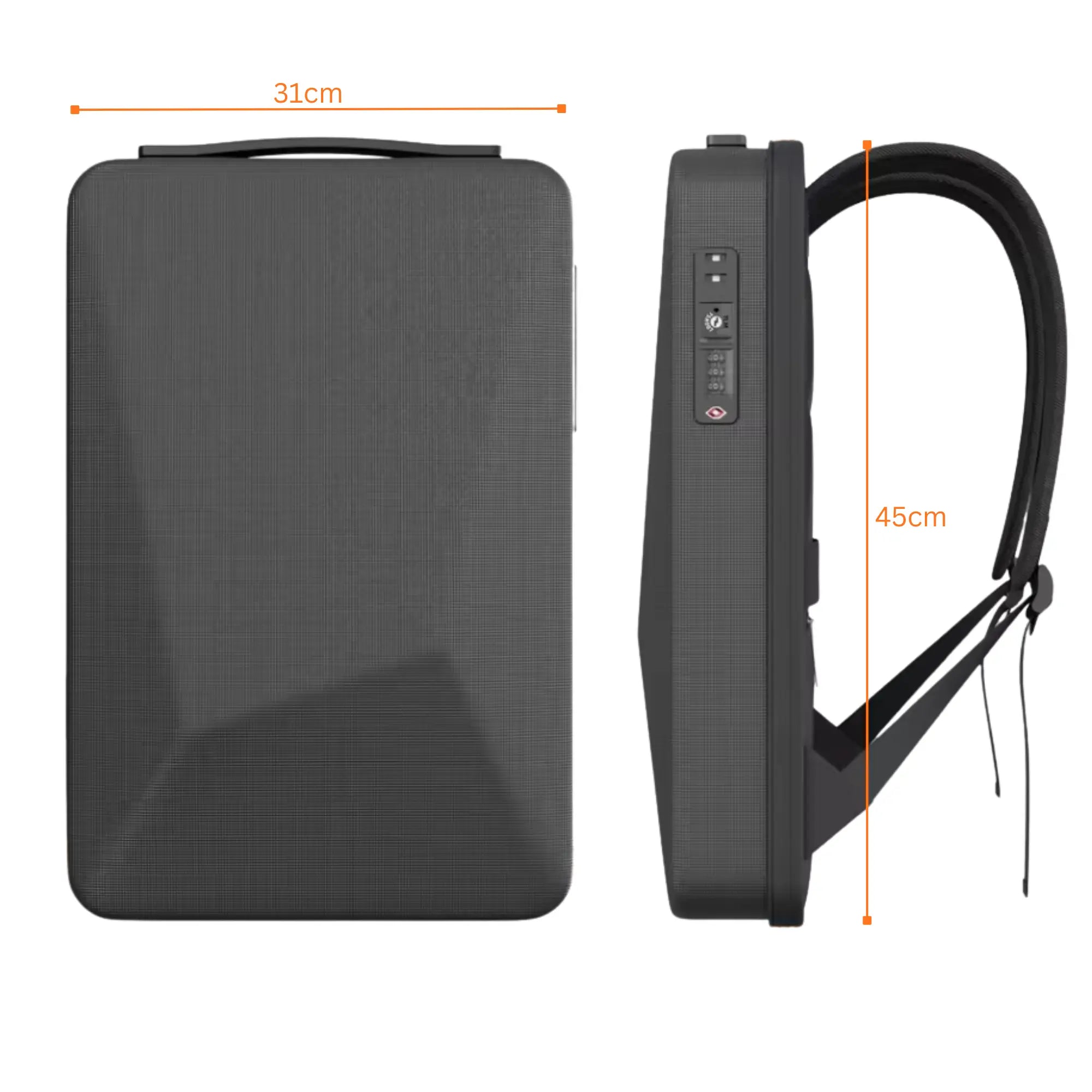 Spacetek value Pack backpack dimensions: 31cm width x 45cm height shown in front and side view on white background