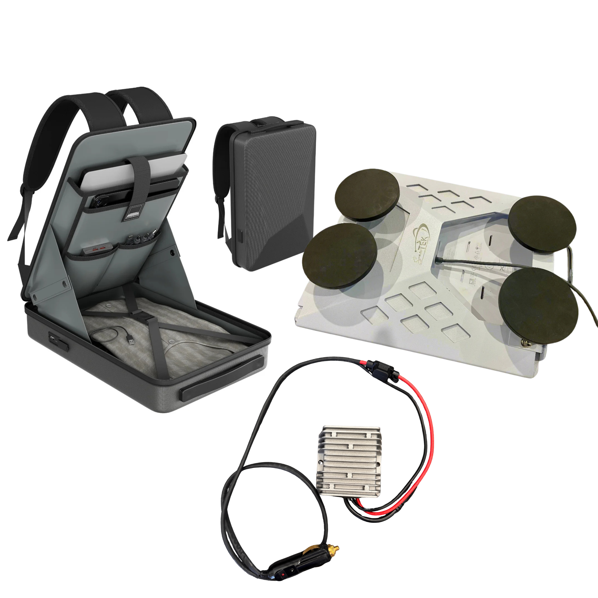 Spacetek Value Bundle for Starlink Mini, including rugged backpack, magnetic mount and 12V power regulator.