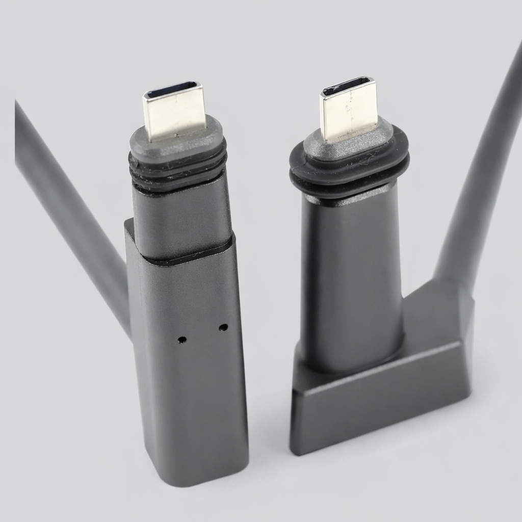 Close-up of SPX Gen 2 replacement cable connectors for Starlink Gen 2, showing SPX male tips with sealed, weather-resistant design