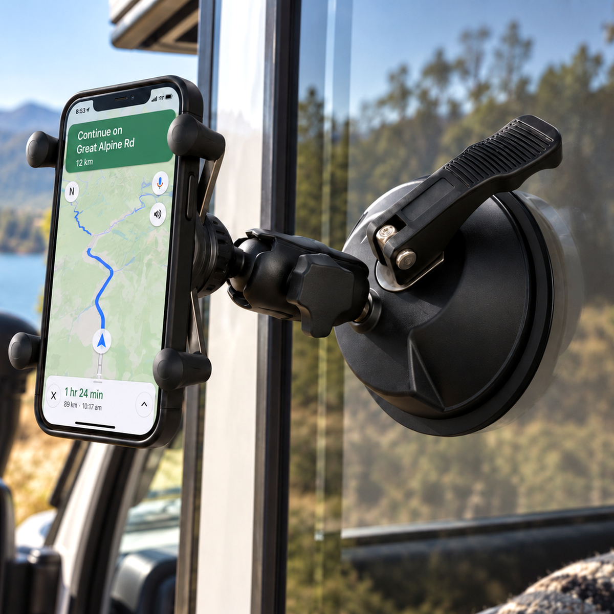 Heavy duty 5 inch suction mount with M8 RAM-style ball supporting a phone holder on a vehicle window