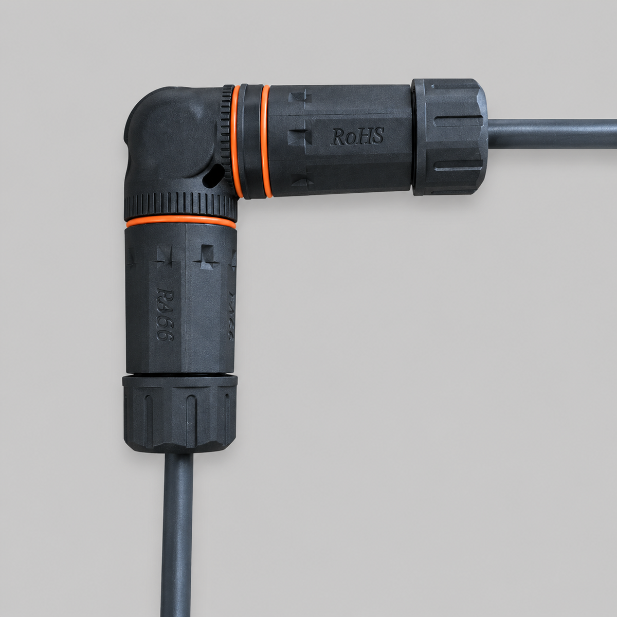 Assembled Starlink compatible RJ45 IP68 right-angle coupler with waterproof cable glands and sealing rings