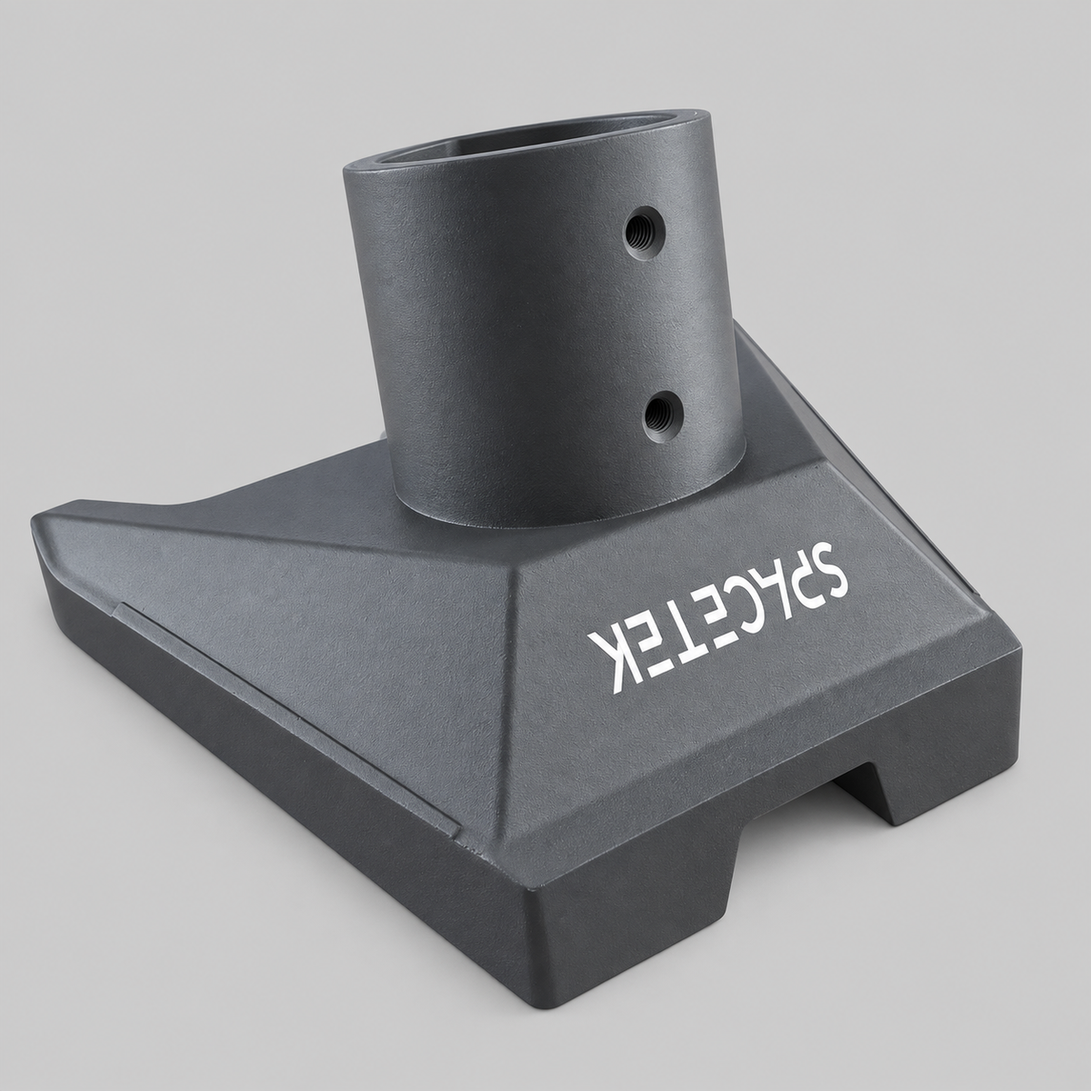 Starlink Gen 3 aluminium pole adaptor shown at an angle with cylindrical pole mount and Spacetek branding
