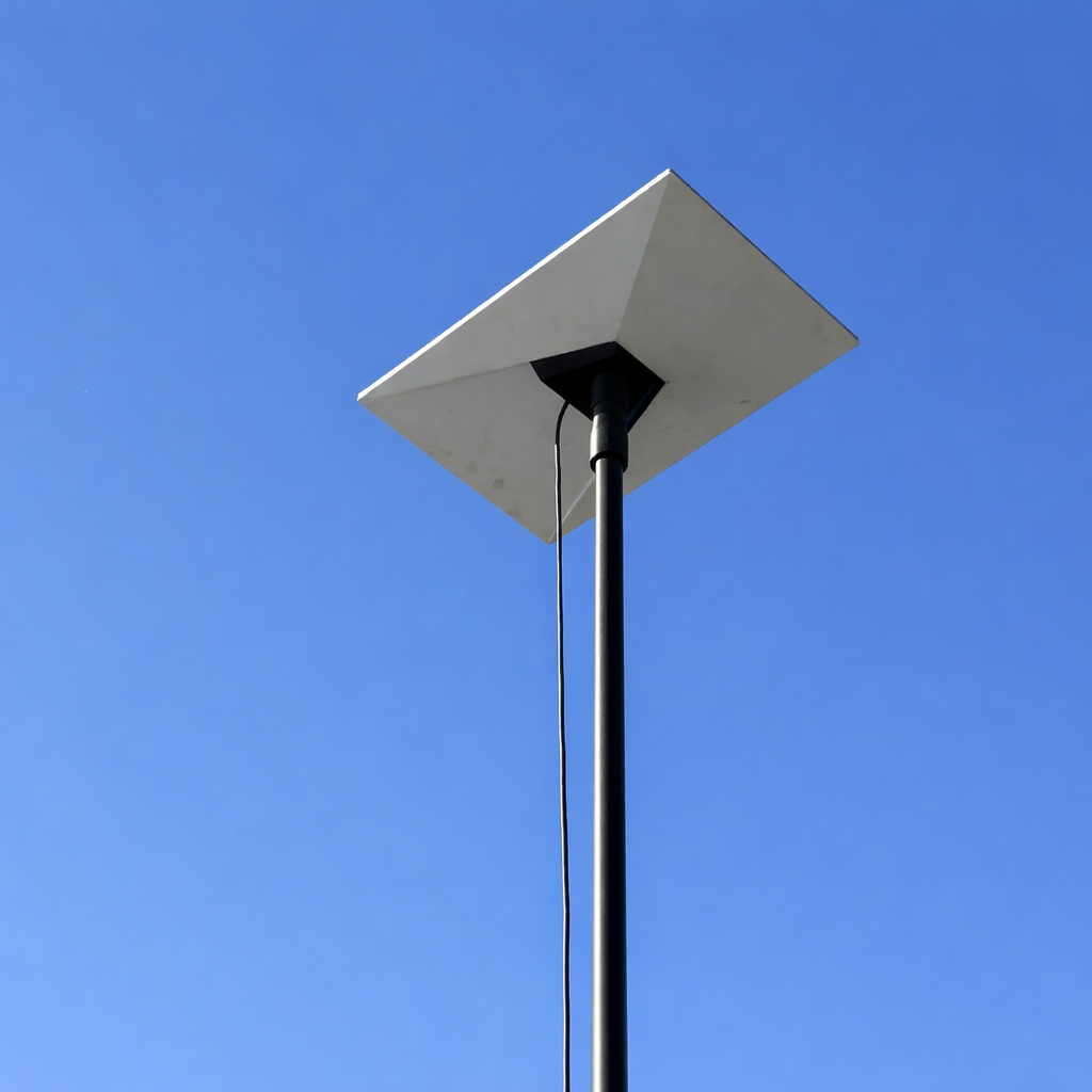 Low angle view of Starlink Gen 3 receiver mounted on Spacetek carbon fibre telescopic pole against clear blue sky
